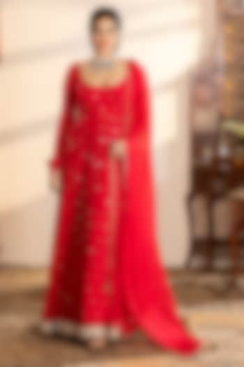 Red Georgette Sequins Embroidered Anarkali Set by Indian Wardrobe at Pernia's Pop Up Shop