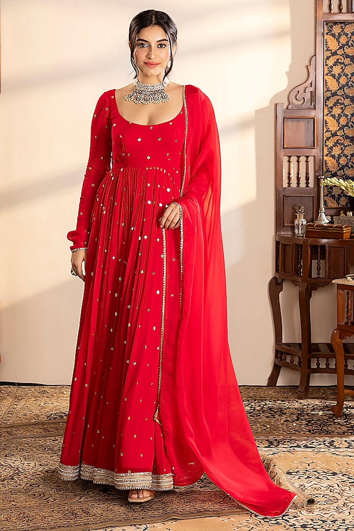 Red Georgette Sequins Embroidered Anarkali Set by Indian Wardrobe at Pernia's Pop Up Shop