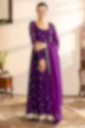 Purple Georgette Sequins Embroidered Anarkali Set by Indian Wardrobe at Pernia's Pop Up Shop