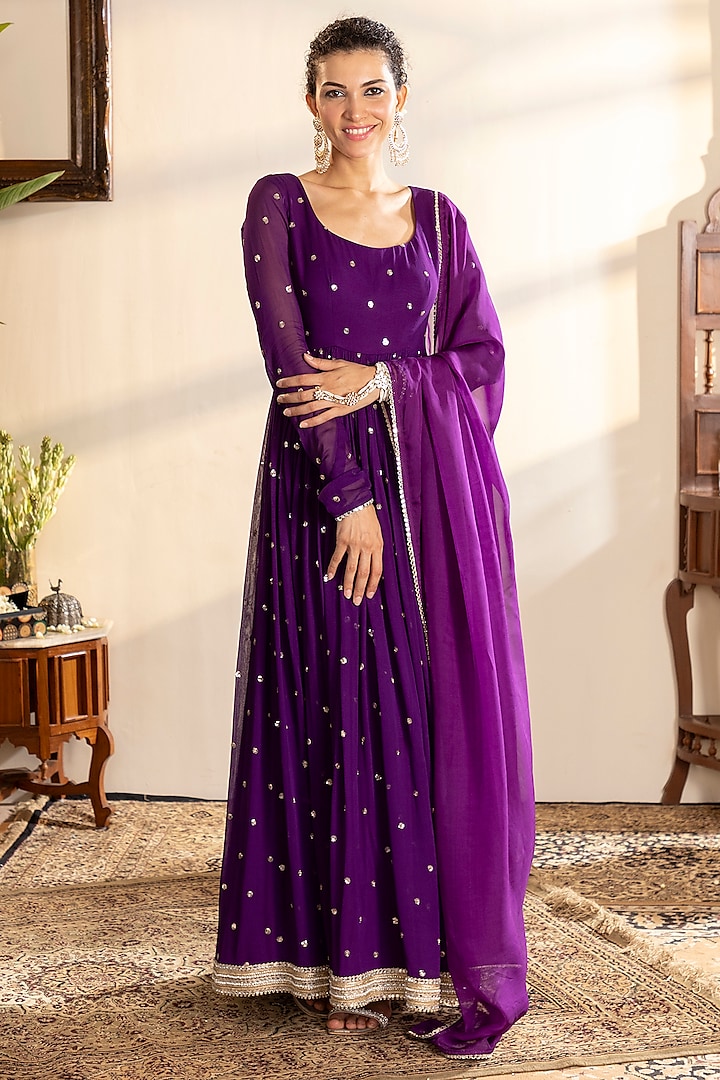 Purple Georgette Sequins Embroidered Anarkali Set by Indian Wardrobe at Pernia's Pop Up Shop