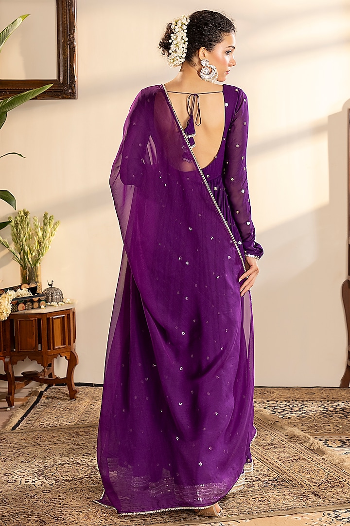 Purple Georgette Sequins Embroidered Party Wear Anarkali Set by Indian Wardrobe at Pernia's Pop Up Shop