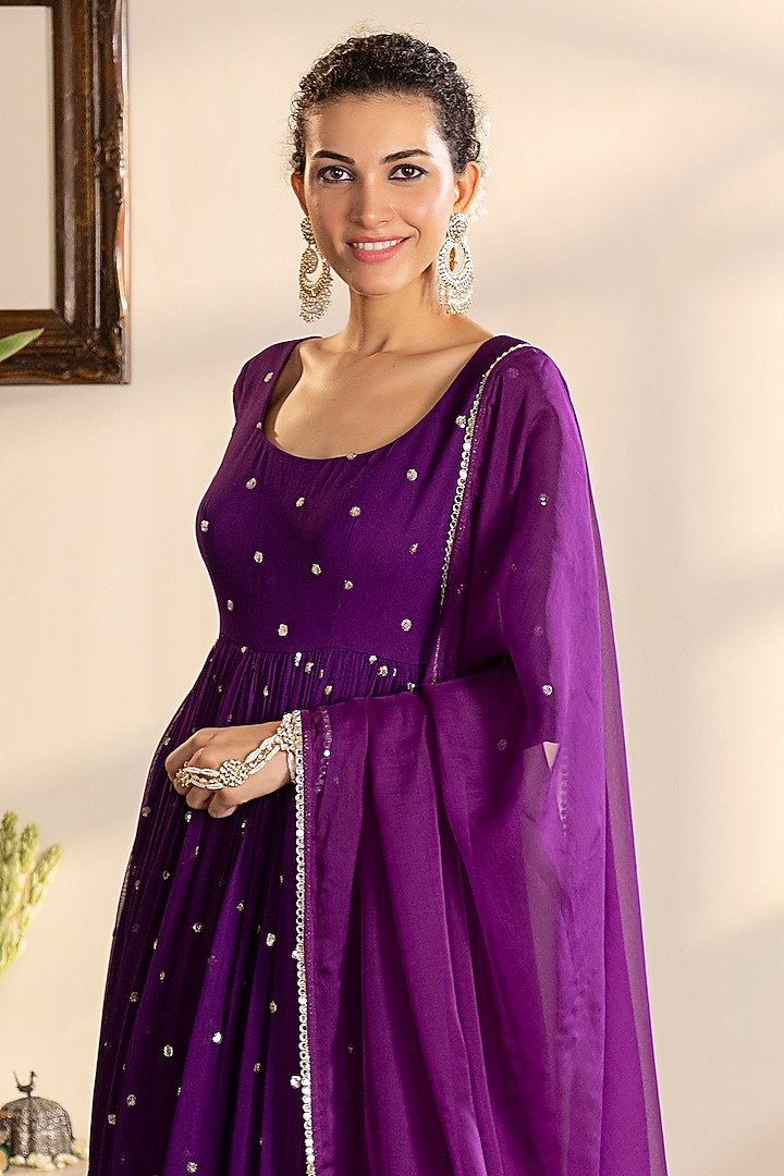 Purple Georgette Sequins Embroidered Party Wear Anarkali Set by Indian Wardrobe at Pernia's Pop Up Shop