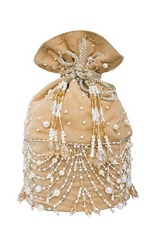 Beige Gold Embroidered Potli Bag by Inayat