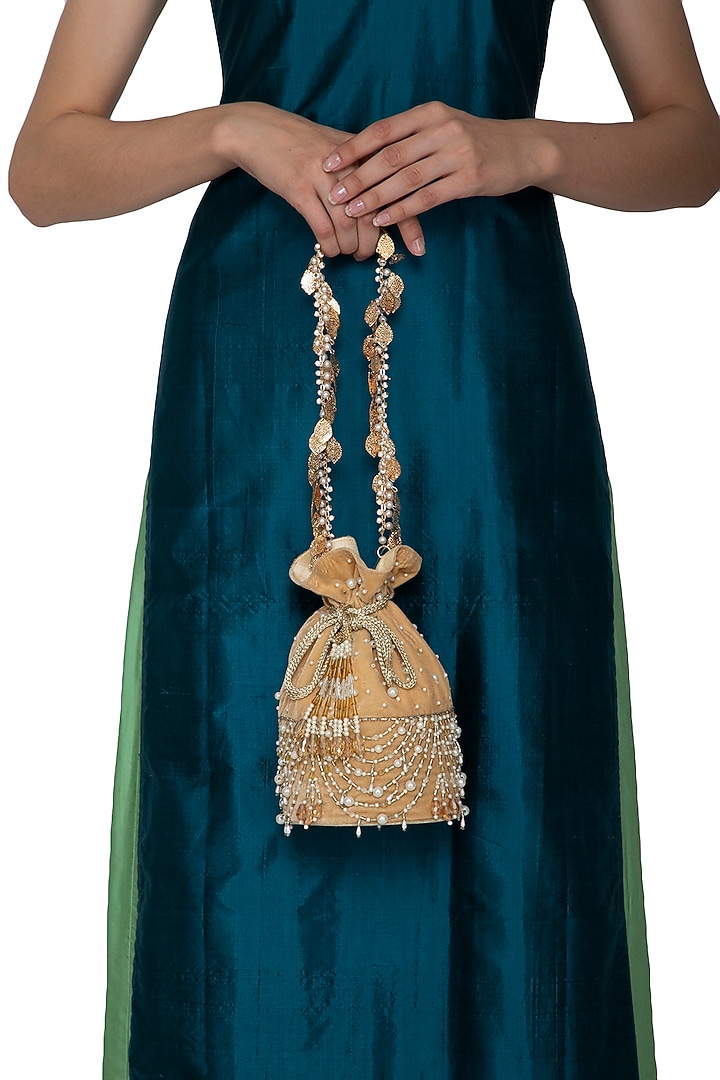 Beige Gold Embroidered Potli Bag by Inayat at Pernia's Pop Up Shop