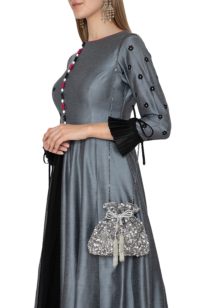 Charcoal Grey Embroidered Potli Bag by Inayat at Pernia's Pop Up Shop