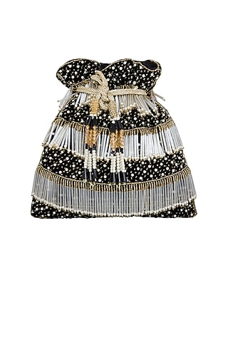 Black Embroidered Velvet Potli Bag by Inayat