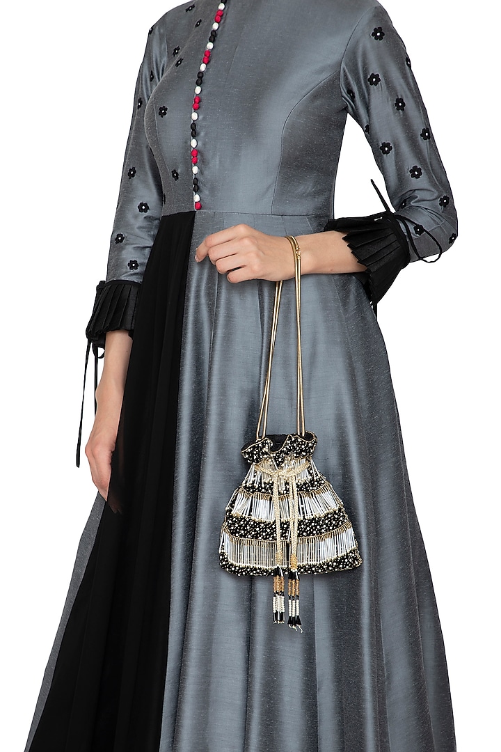 Black Embroidered Velvet Potli Bag by Inayat at Pernia's Pop Up Shop
