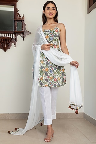 White & Purple Floral Printed Spaghetti Kurta Set by Inara Jaipur