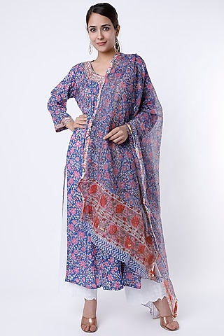 Purple Floral Printed Angrakha Kurta Set by Inara Jaipur