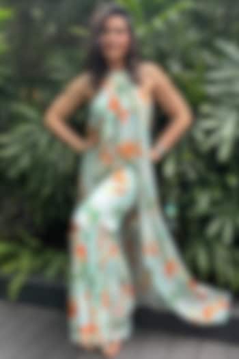 Sage Chiffon Printed Jumpsuit With Attached Cape by Mandira Wirk - Indian at Pernia's Pop Up Shop