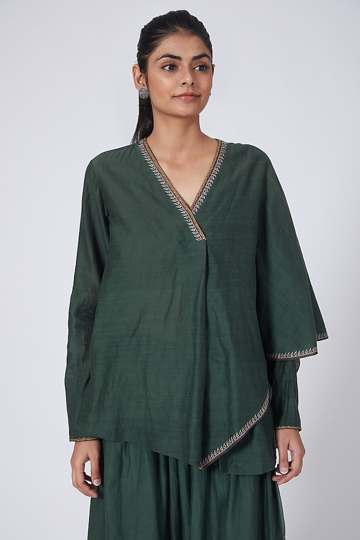 Olive Green Embroidered Asymmetrical Draped Top by Integument at Pernia's Pop Up Shop