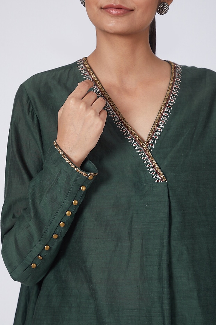 Olive Green Embroidered Asymmetrical Draped Top by Integument at Pernia's Pop Up Shop