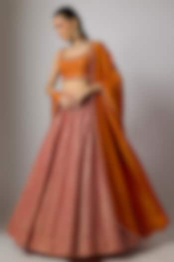 Burnt Orange Tissue Silk Embroidered Wedding Lehenga Set by Indian Wardrobe at Pernia's Pop Up Shop
