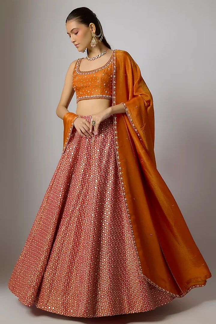 Burnt Orange Tissue Silk Embroidered Wedding Lehenga Set by Indian Wardrobe at Pernia's Pop Up Shop