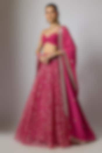 Rani Pink Organza Floral Embroidered Lehenga Set by Indian Wardrobe at Pernia's Pop Up Shop