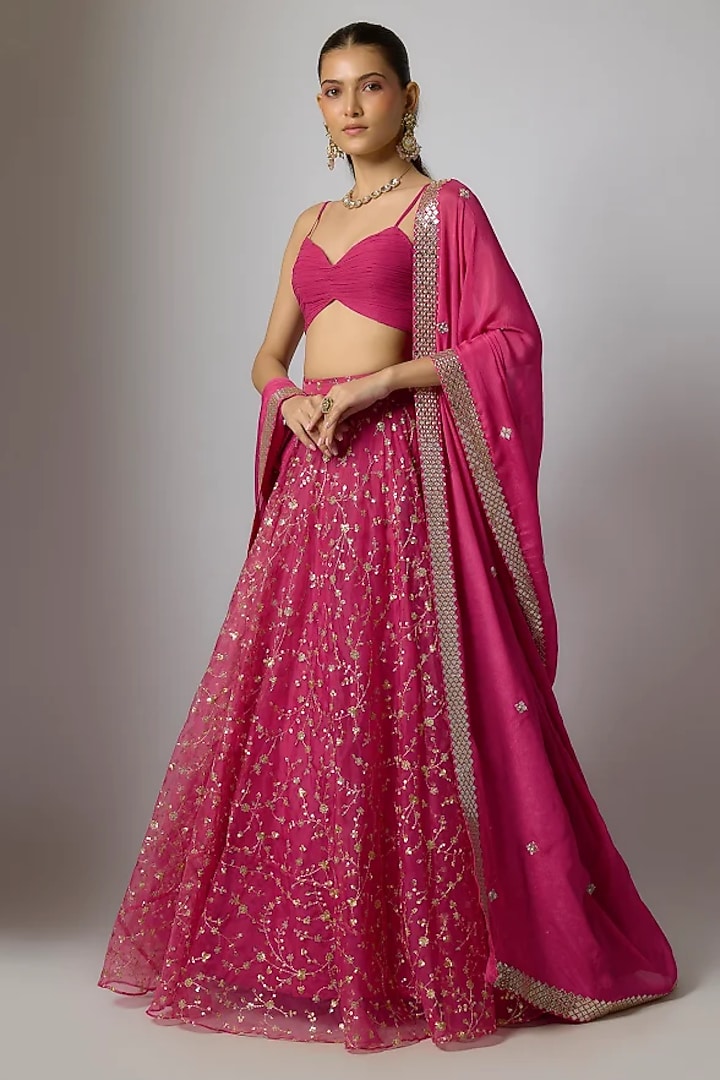 Rani Pink Organza Floral Embroidered Lehenga Set by Indian Wardrobe at Pernia's Pop Up Shop