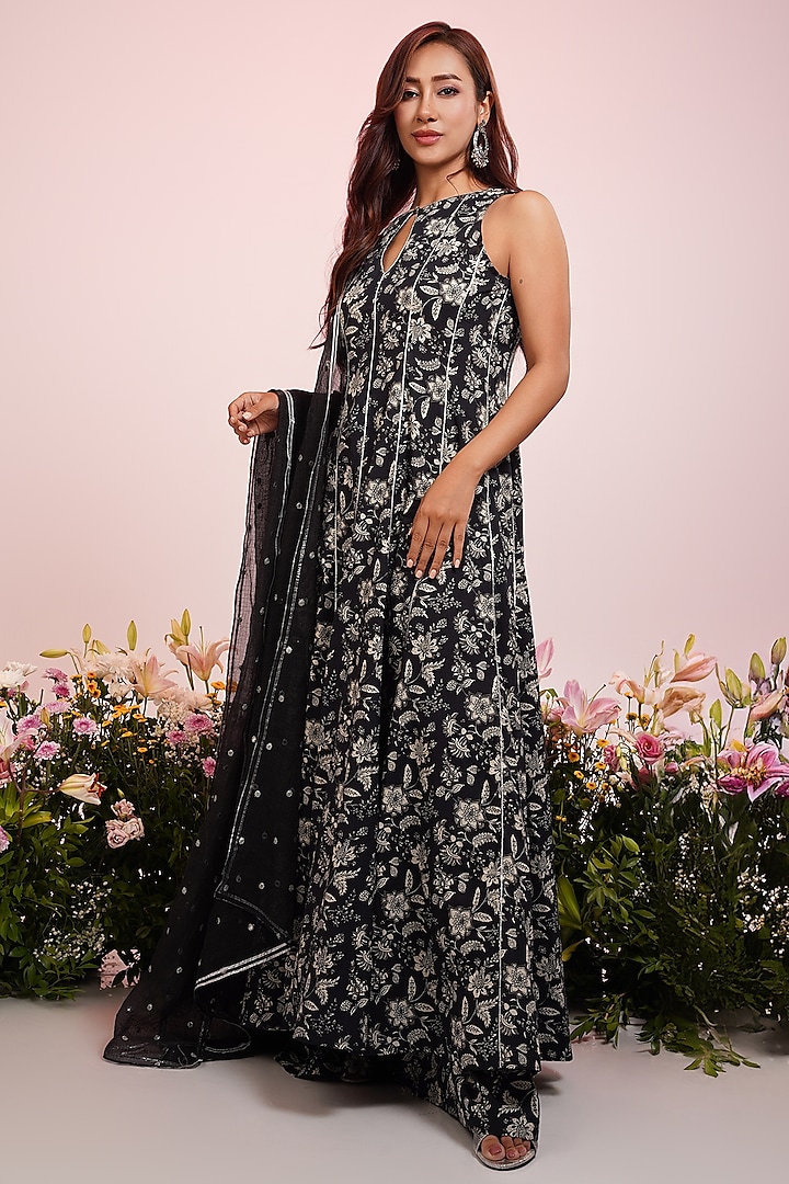 Black Cotton Floral Printed & Embroidered Anarkali Set by Indian Wardrobe at Pernia's Pop Up Shop