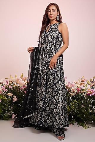 Black Cotton Floral Printed & Embroidered Anarkali Set by Indian Wardrobe