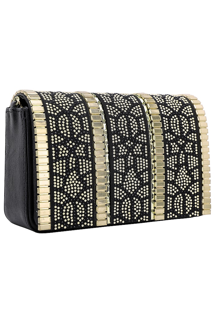 Black And Gold Geometric Flapover Clutch by Inayat