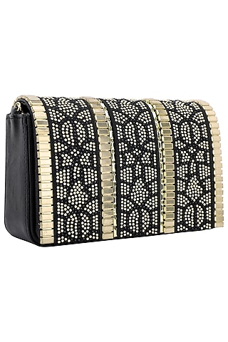 Black And Gold Geometric Flapover Clutch by Inayat