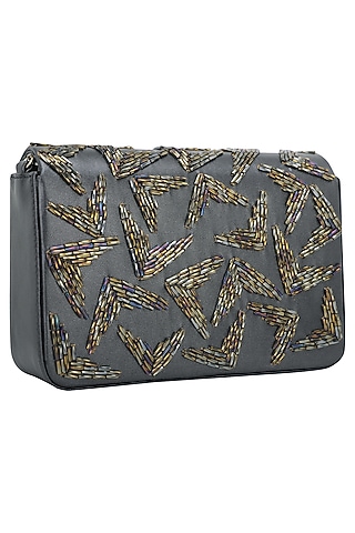 Metallic Grey Embellished Flapover Clutch by Inayat