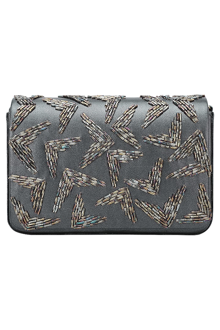 Metallic grey embellished flapover clutch available only at Pernia's Pop Up Shop.