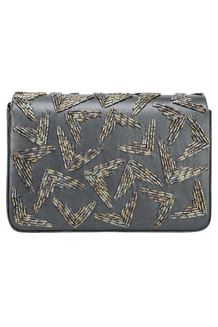 Metallic grey embellished flapover clutch available only at Pernia's Pop Up Shop.