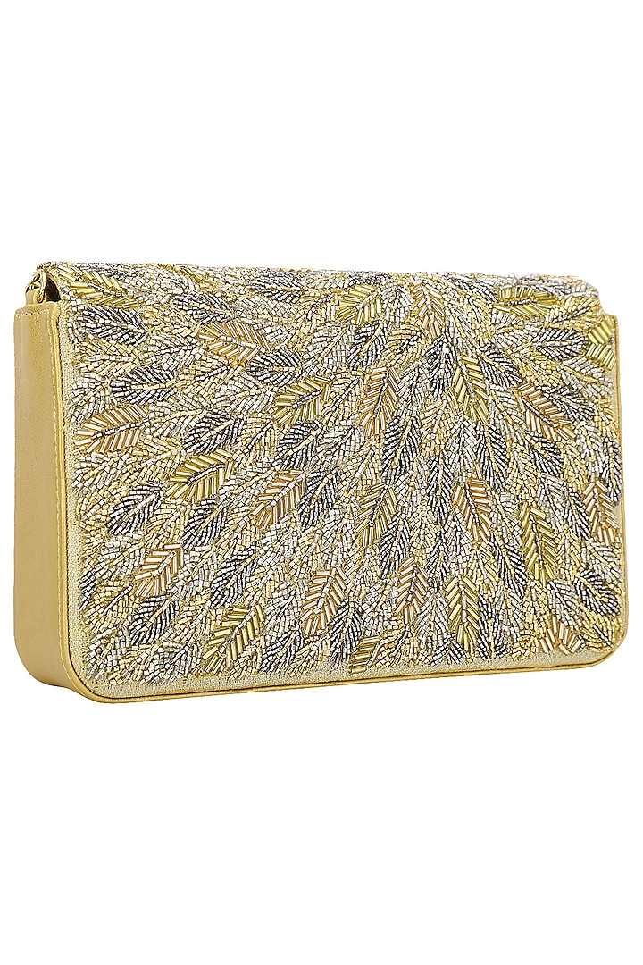 Gold And Silver Embellished Flapover Clutch by Inayat