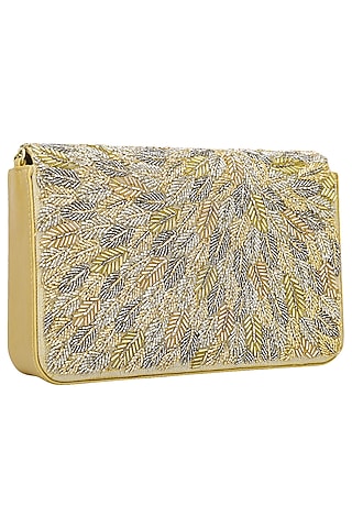 Gold And Silver Embellished Flapover Clutch by Inayat