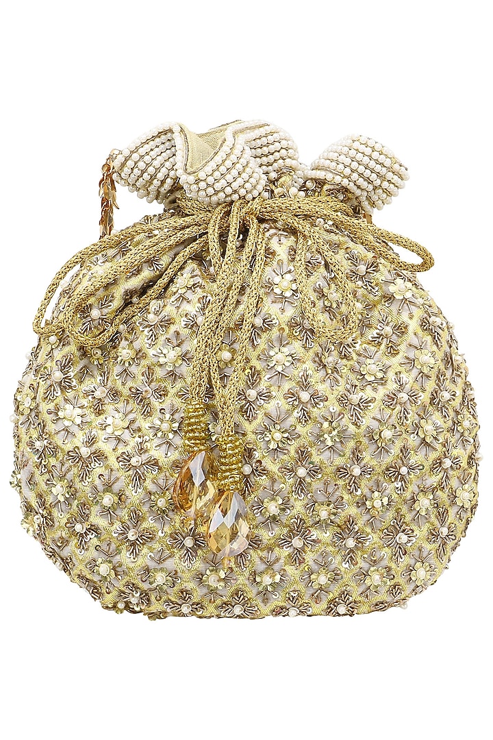 Gold Floral Embroidered Potli Bag by Inayat