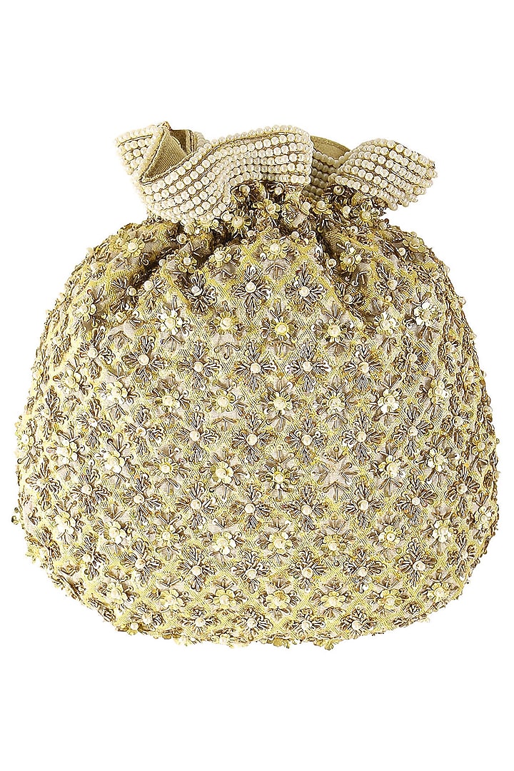 Gold floral embroidered potli bag available only at Pernia's Pop Up Shop.