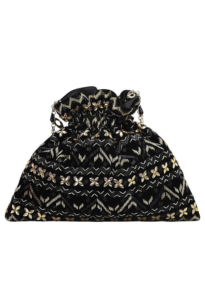 Black and gold aztec pattern potli bag available only at Pernia's Pop Up Shop.