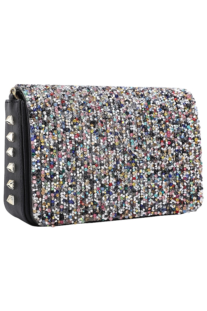 Multi-Coloured Sequins Embellished Flapover Clutch by Inayat