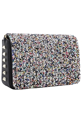 Multi-Coloured Sequins Embellished Flapover Clutch by Inayat