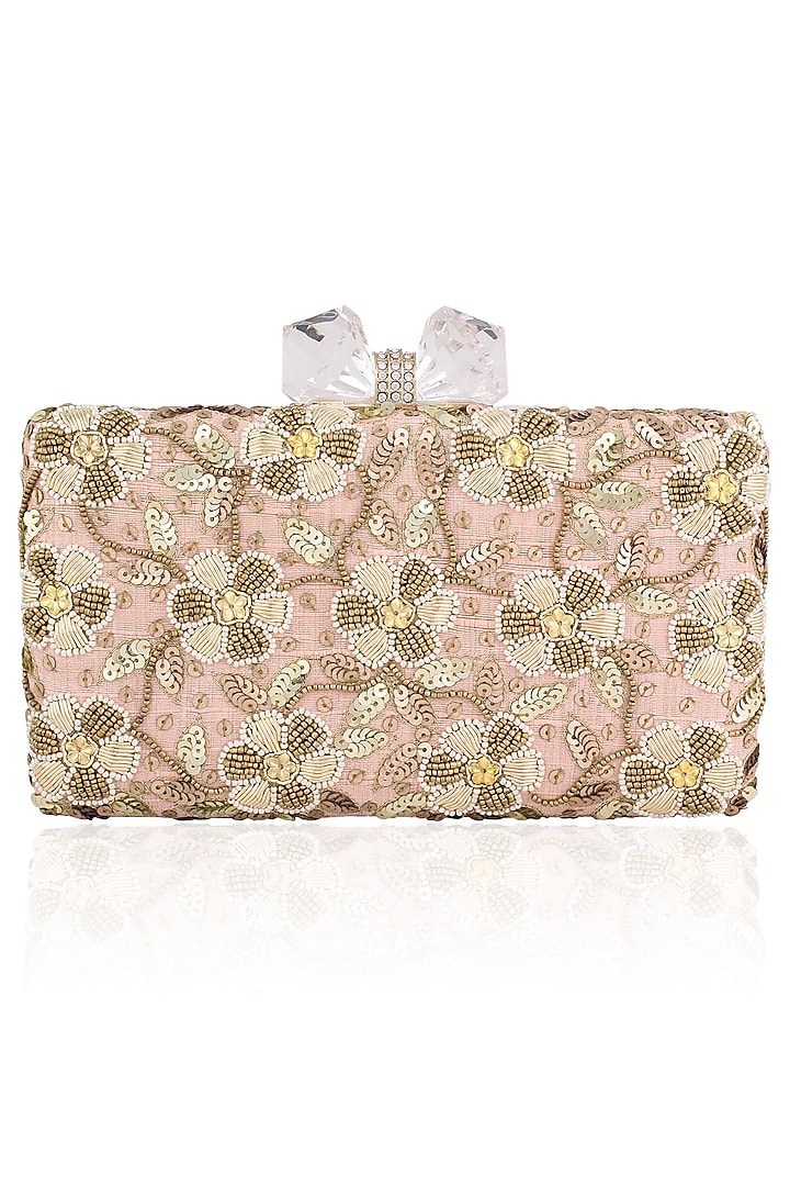 Pink Floral Beads and Zardozi Work Box Clutch by Inayat