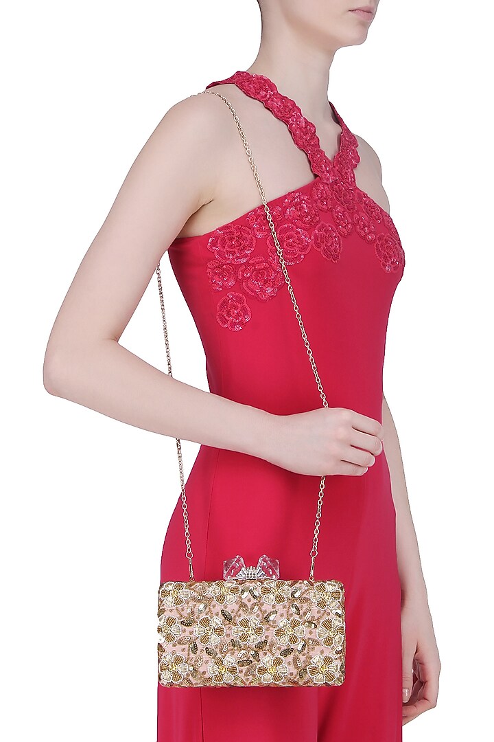 Inayat presents Pink floral beads and zardozi work box clutch available only at Pernia's Pop Up Shop.