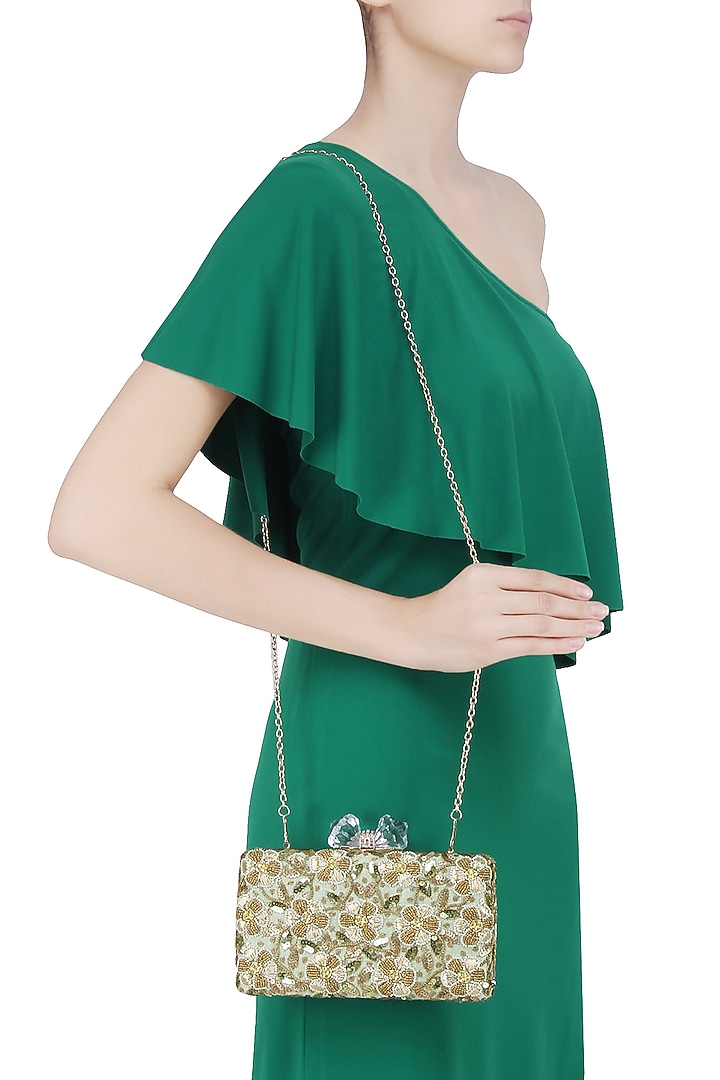 Inayat presents Mint green floral beads and zardozi work box clutch available only at Pernia's Pop Up Shop.