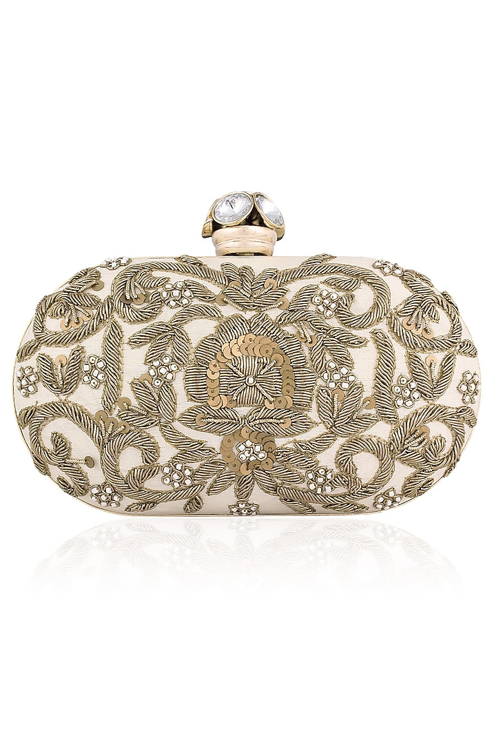 Ivory and Gold Zardozi Embroidered Oval Box Clutch by Inayat