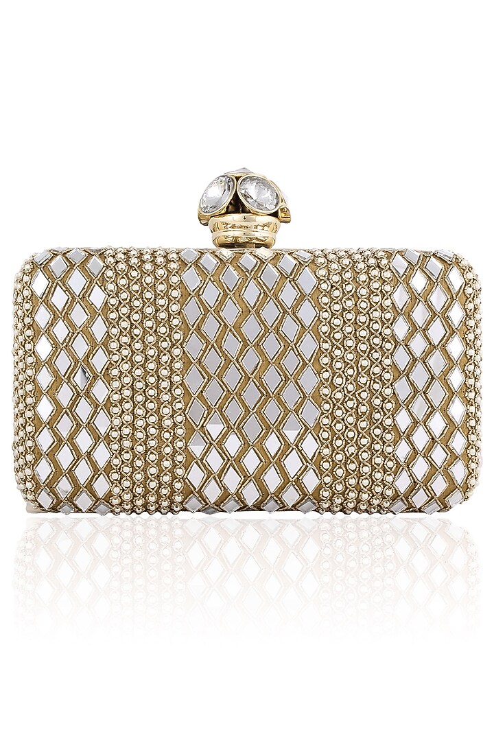 Inayat presents Gold mirror and pearl work box clutch available only at Pernia's Pop Up Shop.