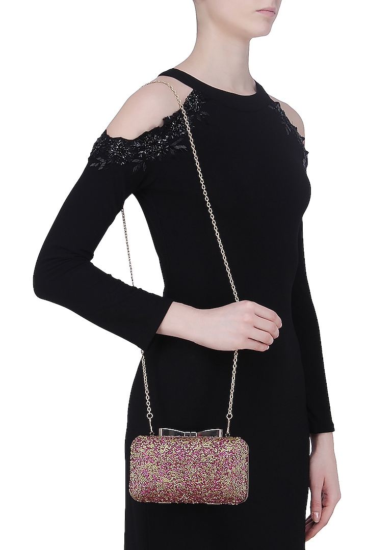 Inayat presents Pink and gold glitter stones box clutch available only at Pernia's Pop Up Shop.