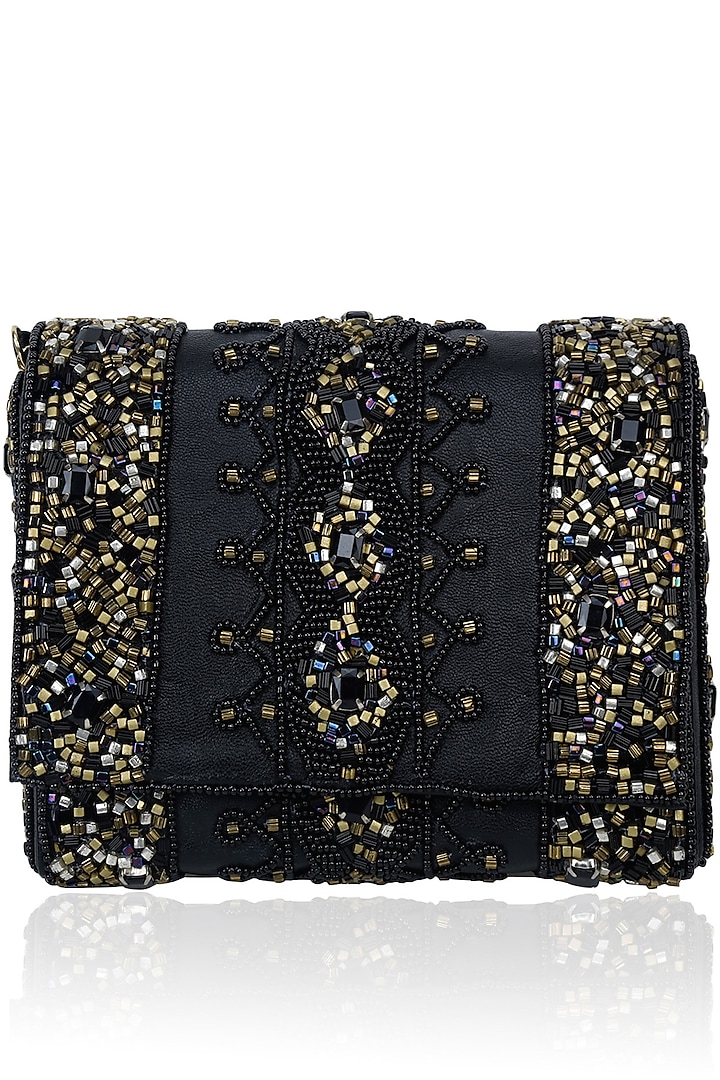 Black Rectangular Beads Clutch by Inayat
