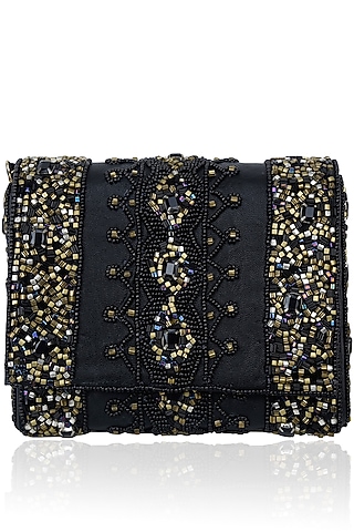 Black Rectangular Beads Clutch by Inayat