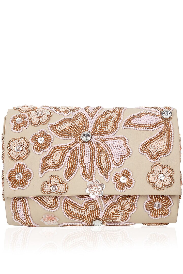 Nude Peach Sequins Flower Box Clutch by Inayat