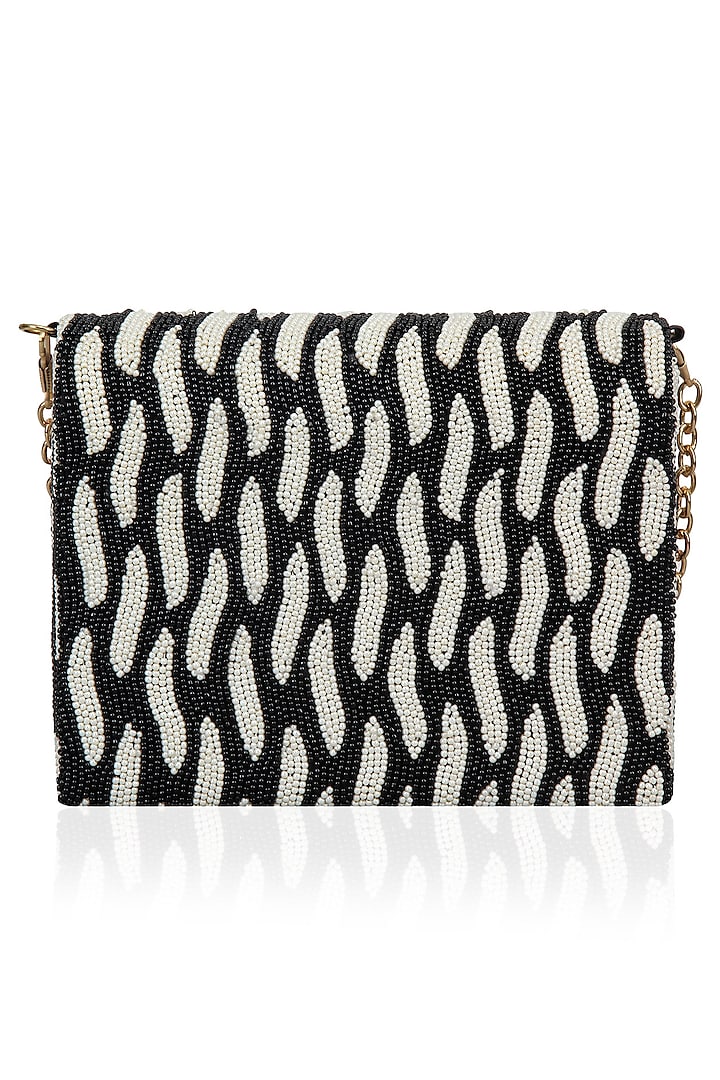 Black and White Beaded Flap Over Clutch by Inayat
