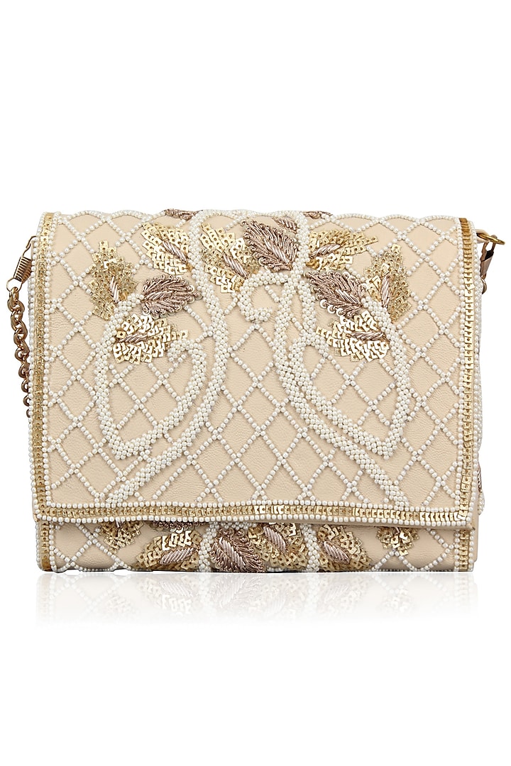 Nude Floral Delight Leather Flap Over Clutch by Inayat