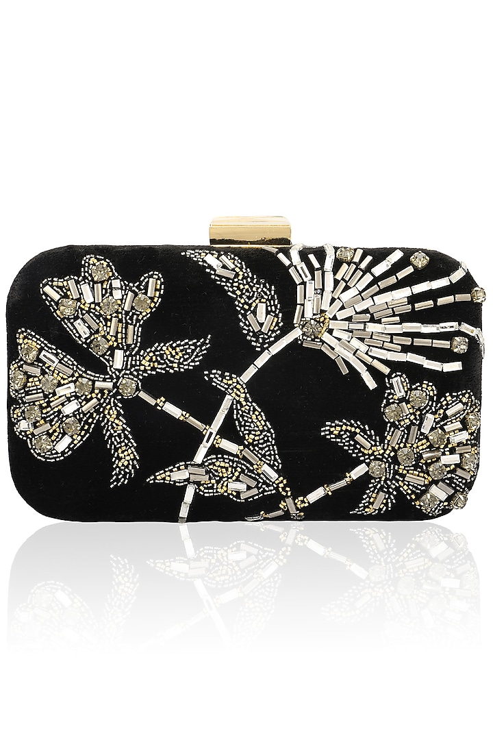 Black floral design velvet box clutch  by Inayat