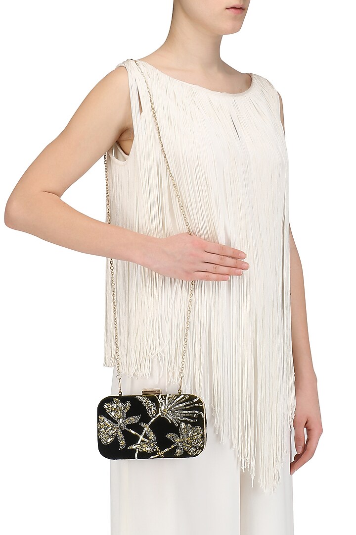 Black floral design velvet box clutch available only at Pernia's Pop Up Shop.