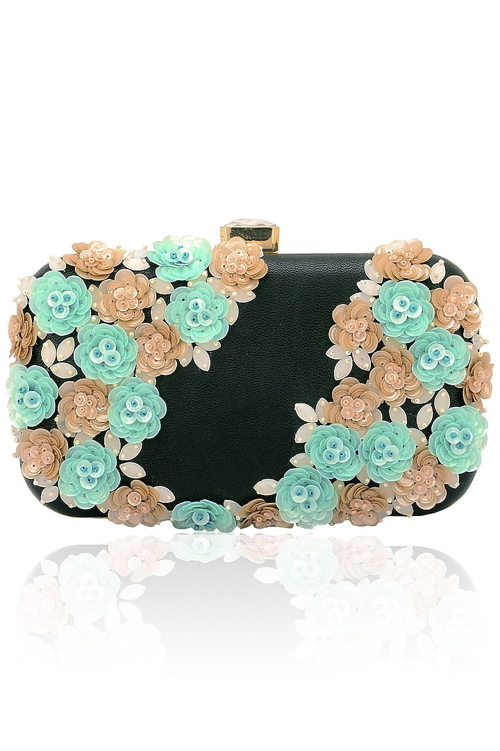 Black, pink and green floral design box clutch  by Inayat
