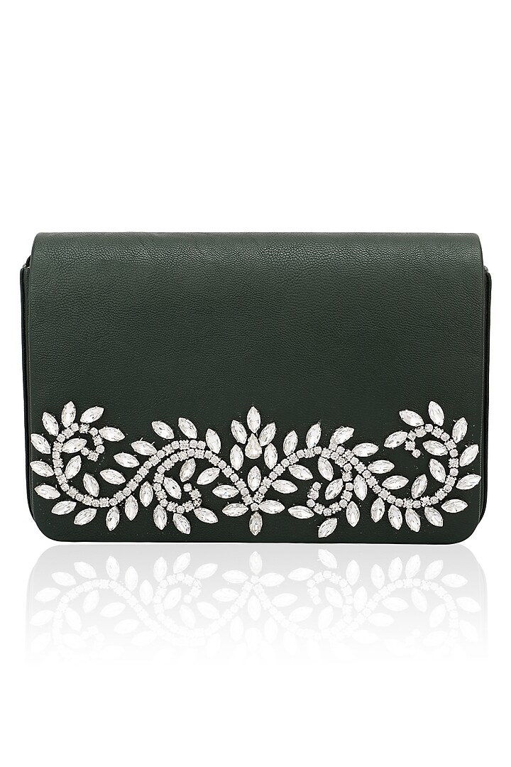 Deep emerald floral design magnetic flap over clutch by Inayat
