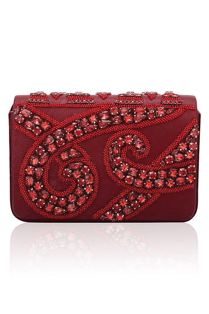 Red bead and stone work magnetic flap over clutch by Inayat